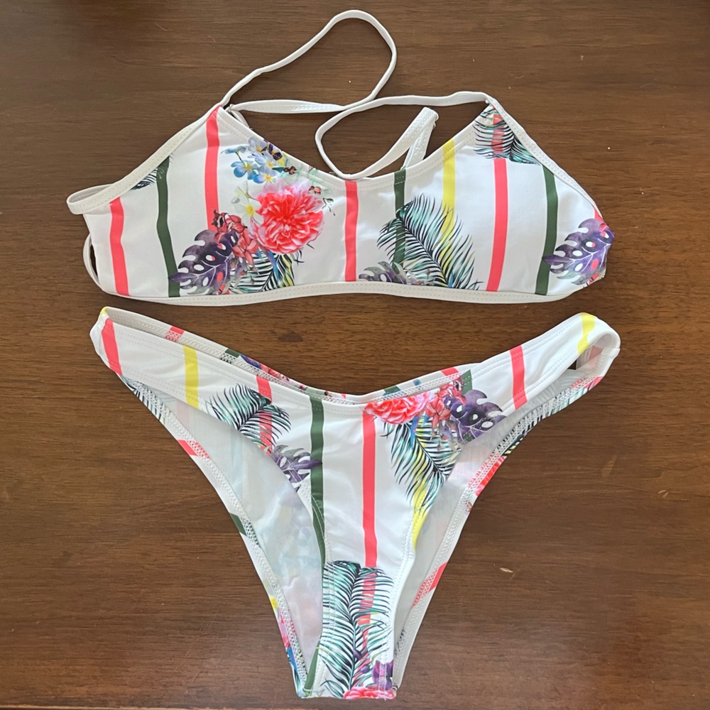 Two piece size M bikini set, white with florals, new without tags